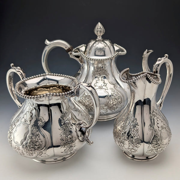 1863 British Antique Silver Plate Tea Set, 3-Piece Set, Thomas Bradbury